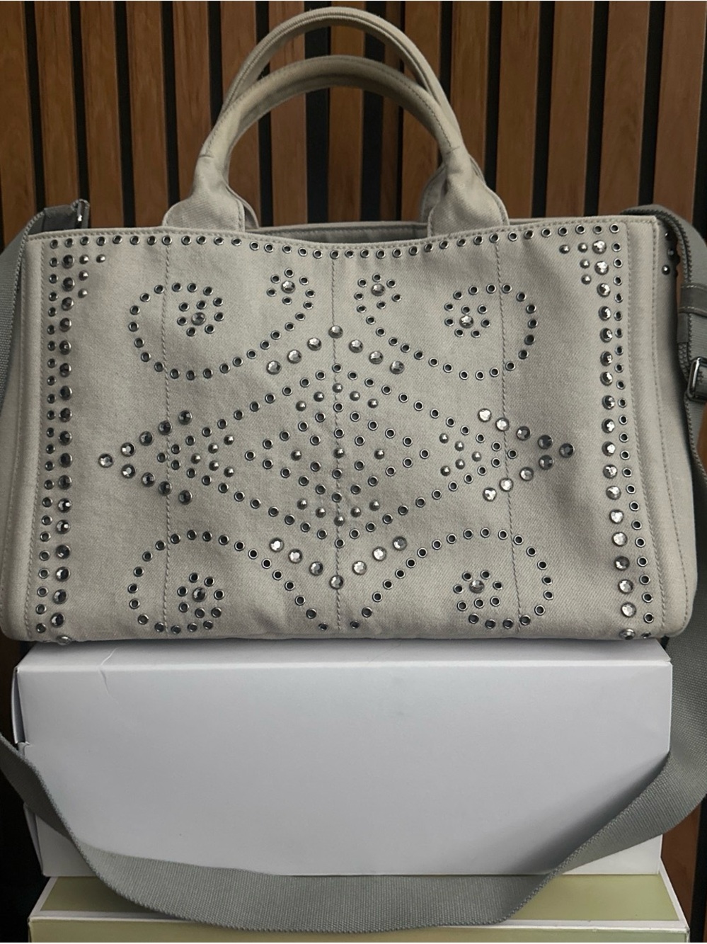 Prada Light Gray/beige Studded Satchel